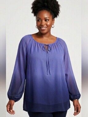 George Blue Sheer Peasant Blouse, Boho Chic Flowy Top, Size XXL